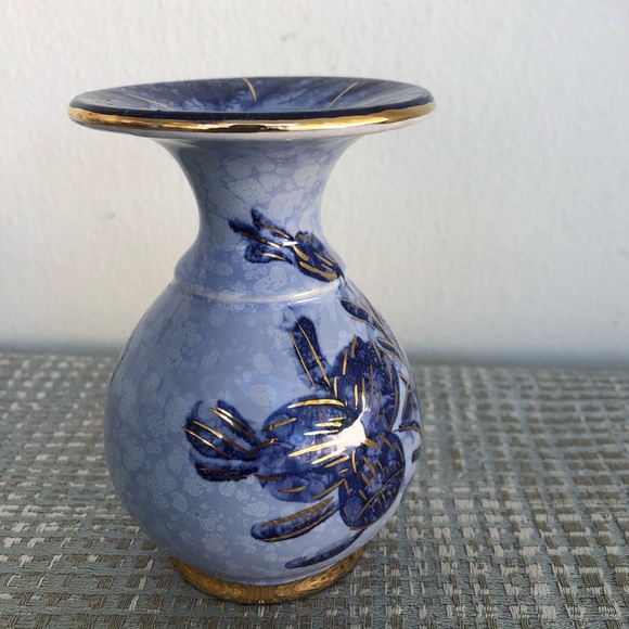 Vintage Cobalt Blue, Gold Floral Hand Painted Porcelain Bud Vase Holland 4.25” H - Picture 2 of 9